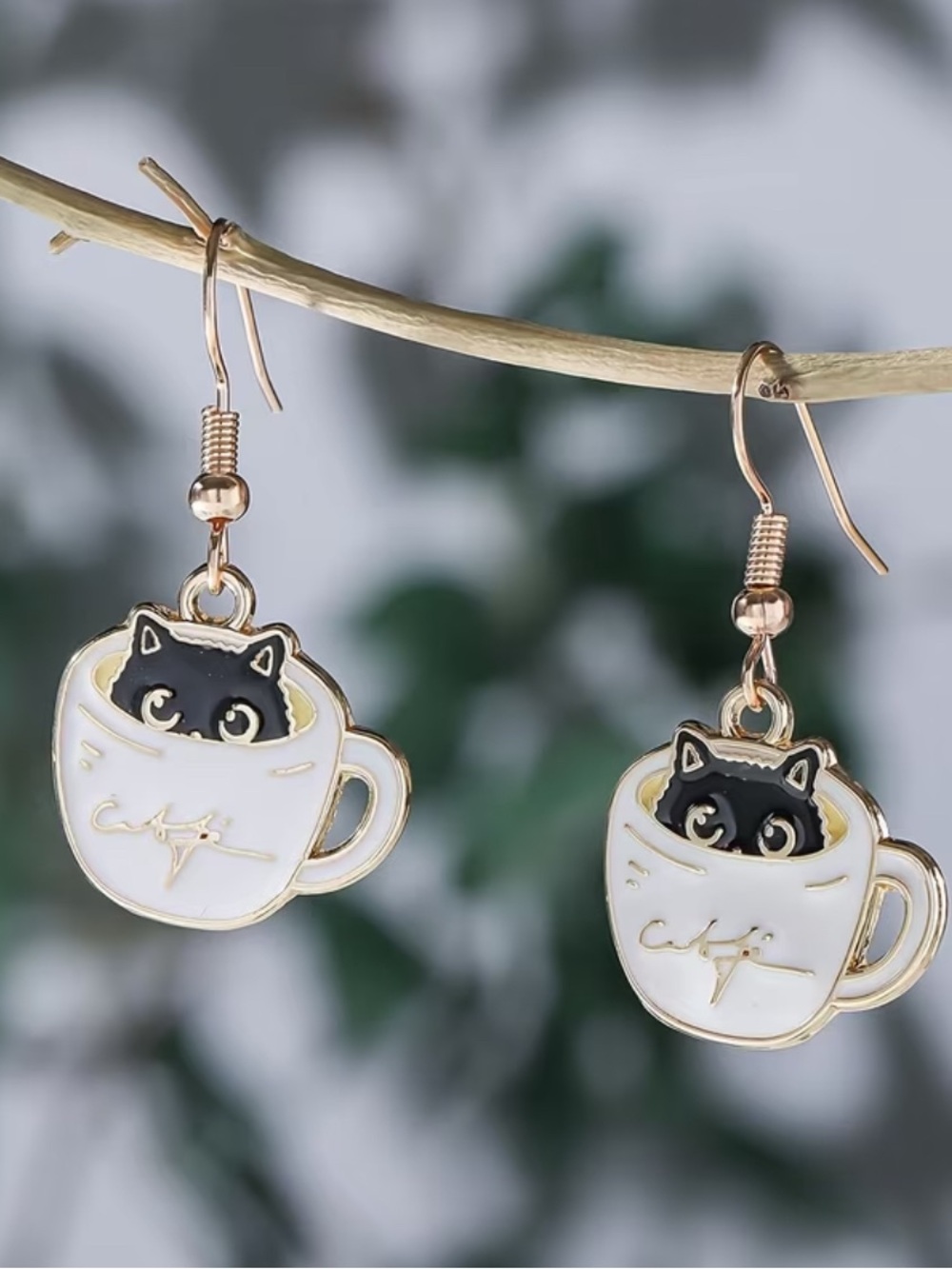 Cute Black Cat in White Cup Dangle Earrings - Charming Pet-Themed Jewelry